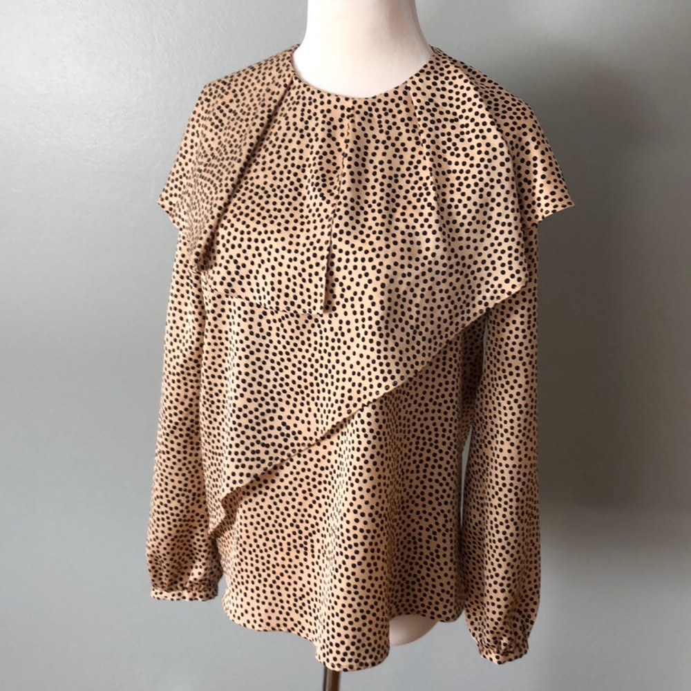 Zara basic blush dot asymmetrical ruffle blouse XS